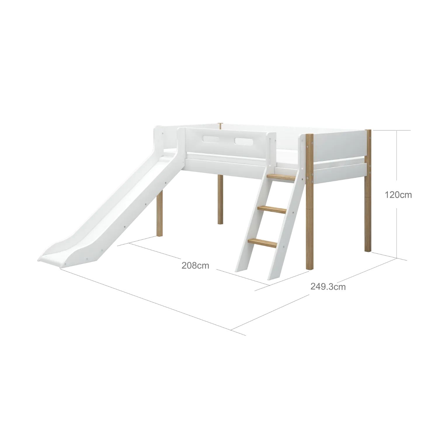 Mid-High Bed with Slide, Ladder and Safety Rail, 90x200 cm, White/Oak