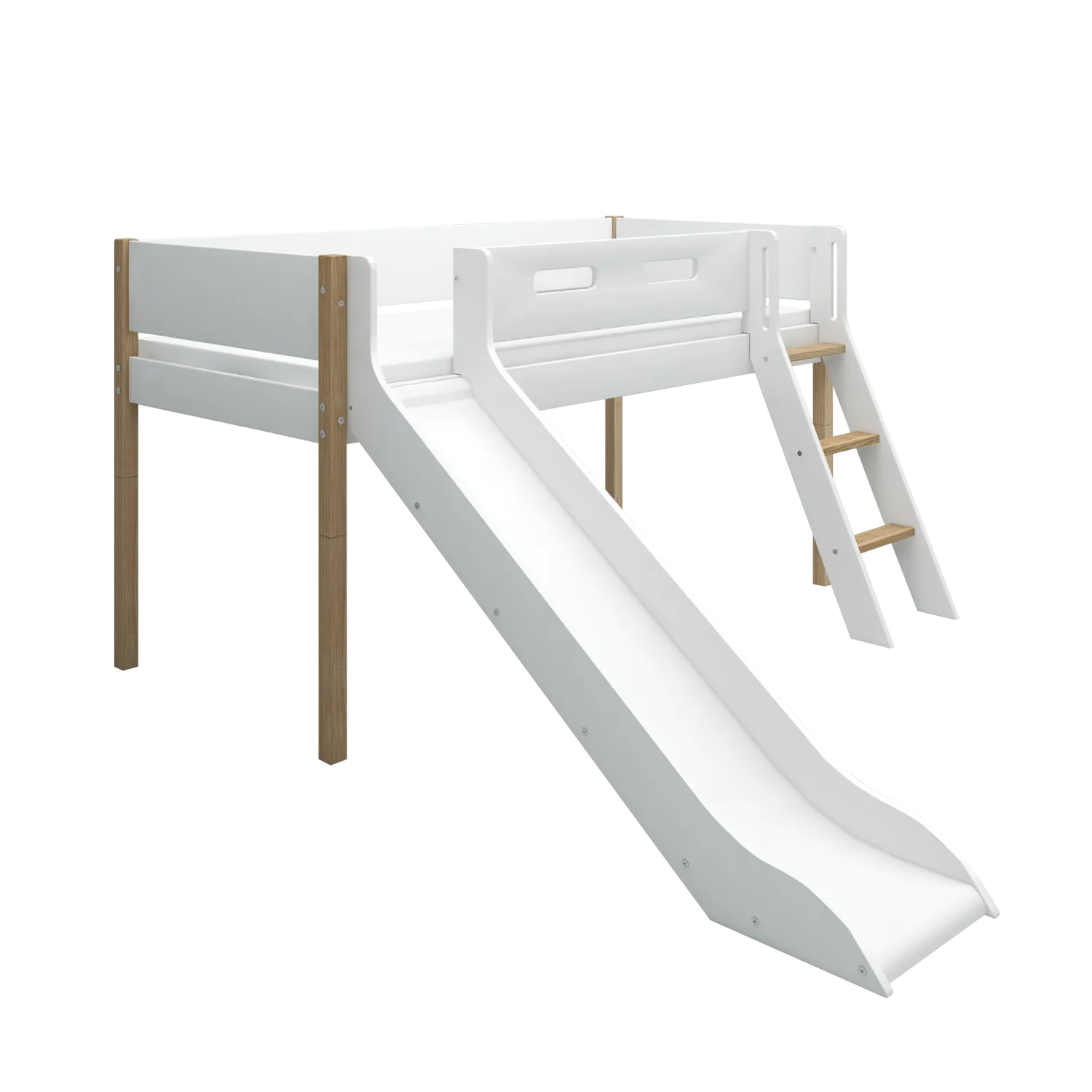 Mid-High Bed with Slide, Ladder and Safety Rail, 90x200 cm, White/Oak