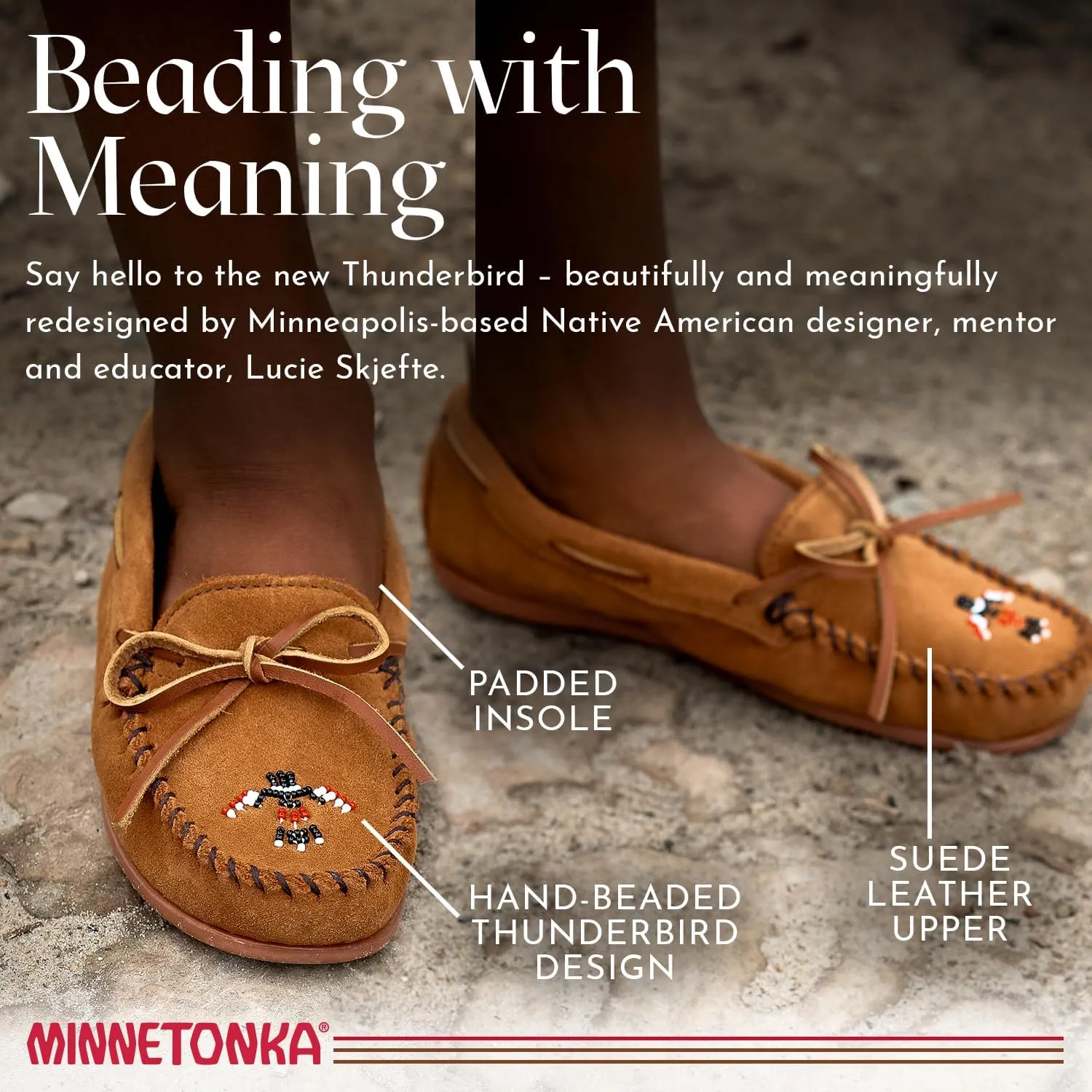 Minnetonka Children’s Thunderbird “Animikii” Hardsole - Moccasins for Kids with a Classic Leather Moccasin Silhouette, Cushioned Footbed, and Beaded Moccasin Design