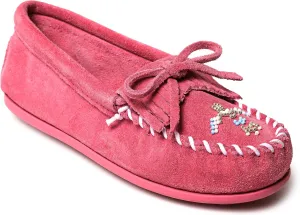 Minnetonka Children’s Thunderbird “Animikii” Hardsole - Moccasins for Kids with a Classic Leather Moccasin Silhouette, Cushioned Footbed, and Beaded Moccasin Design