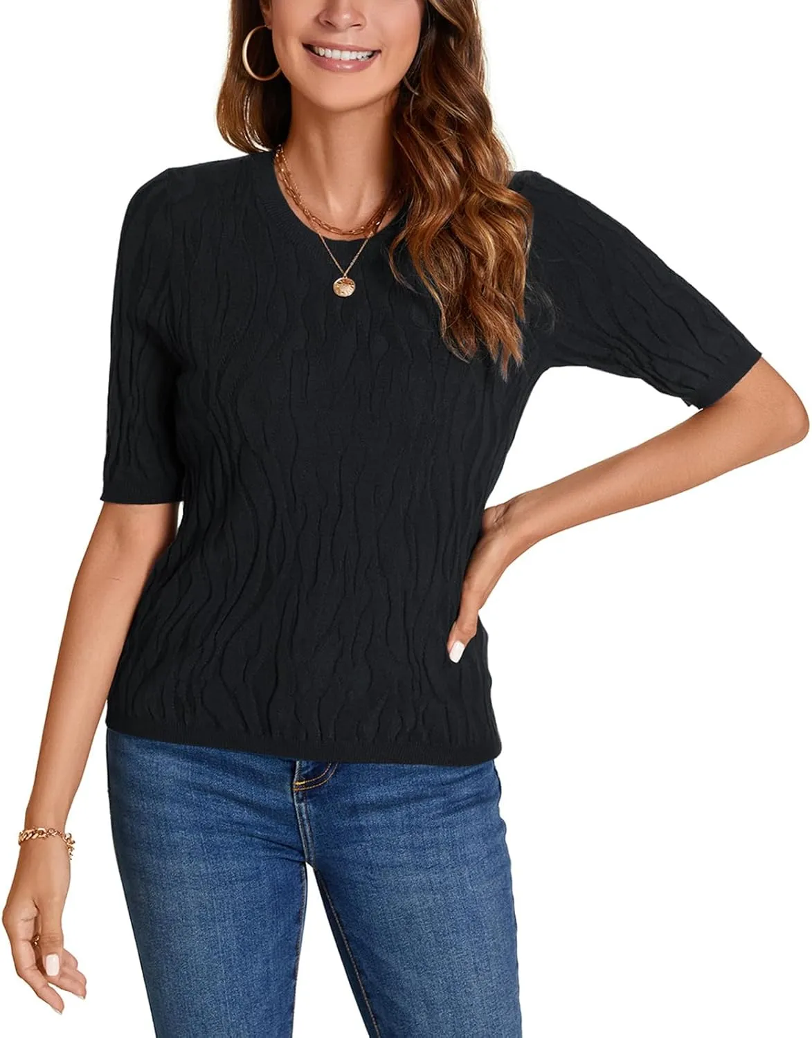 MINTLIMIT Womens Short Sleeve Sweater Summer Pullover Shirt Tops Texture V Neck Casual Knit Tees Tops