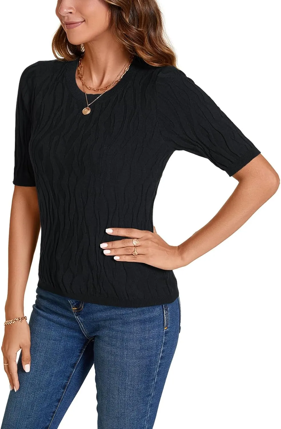 MINTLIMIT Womens Short Sleeve Sweater Summer Pullover Shirt Tops Texture V Neck Casual Knit Tees Tops