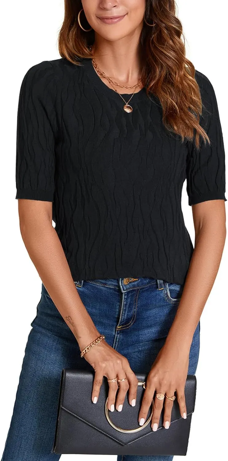 MINTLIMIT Womens Short Sleeve Sweater Summer Pullover Shirt Tops Texture V Neck Casual Knit Tees Tops