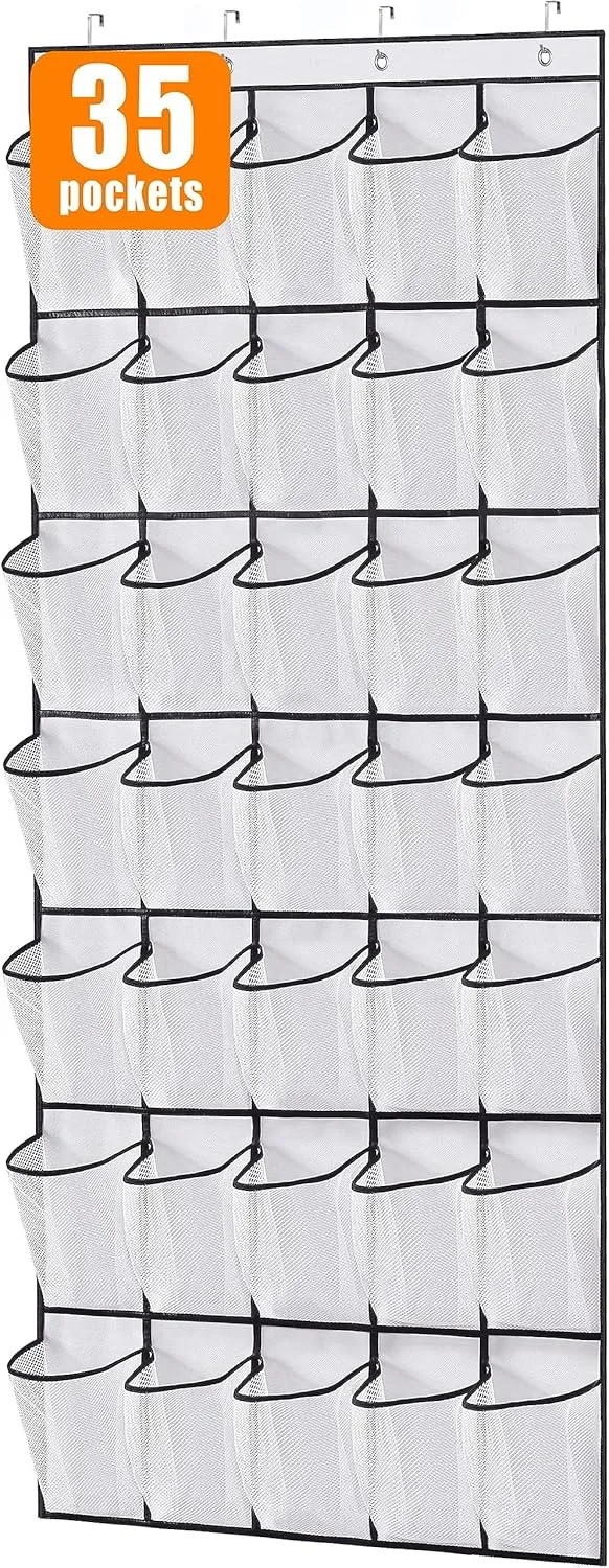 MISSLO 35 Large Pockets Over The Door Shoe Organizer Sturdy Oxford Fabric Hanging Shoe Rack for Door Mesh Closet Shoe Holder Hanger, White
