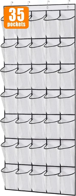 MISSLO 35 Large Pockets Over The Door Shoe Organizer Sturdy Oxford Fabric Hanging Shoe Rack for Door Mesh Closet Shoe Holder Hanger, White
