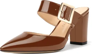 MODENCOCO Women's Patent Strap Pointed Toe Block High Heel Pumps Heeled Slide Sandals Shoes 3.5 Inch