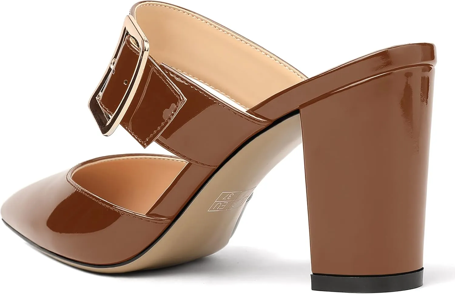 MODENCOCO Women's Patent Strap Pointed Toe Block High Heel Pumps Heeled Slide Sandals Shoes 3.5 Inch