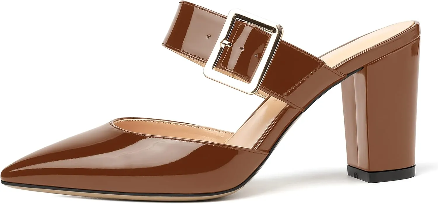MODENCOCO Women's Patent Strap Pointed Toe Block High Heel Pumps Heeled Slide Sandals Shoes 3.5 Inch