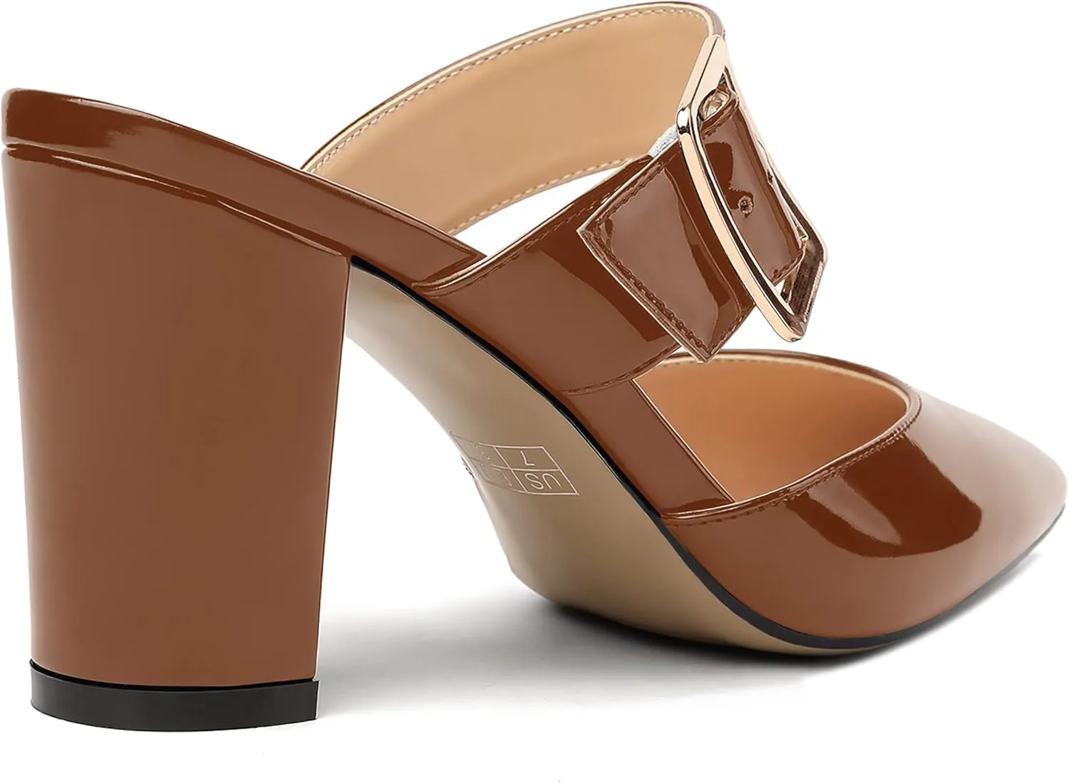 MODENCOCO Women's Patent Strap Pointed Toe Block High Heel Pumps Heeled Slide Sandals Shoes 3.5 Inch