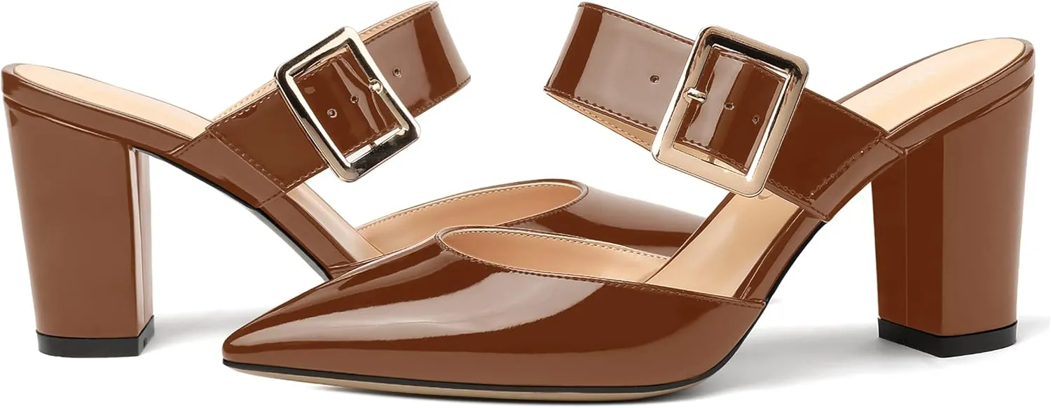 MODENCOCO Women's Patent Strap Pointed Toe Block High Heel Pumps Heeled Slide Sandals Shoes 3.5 Inch