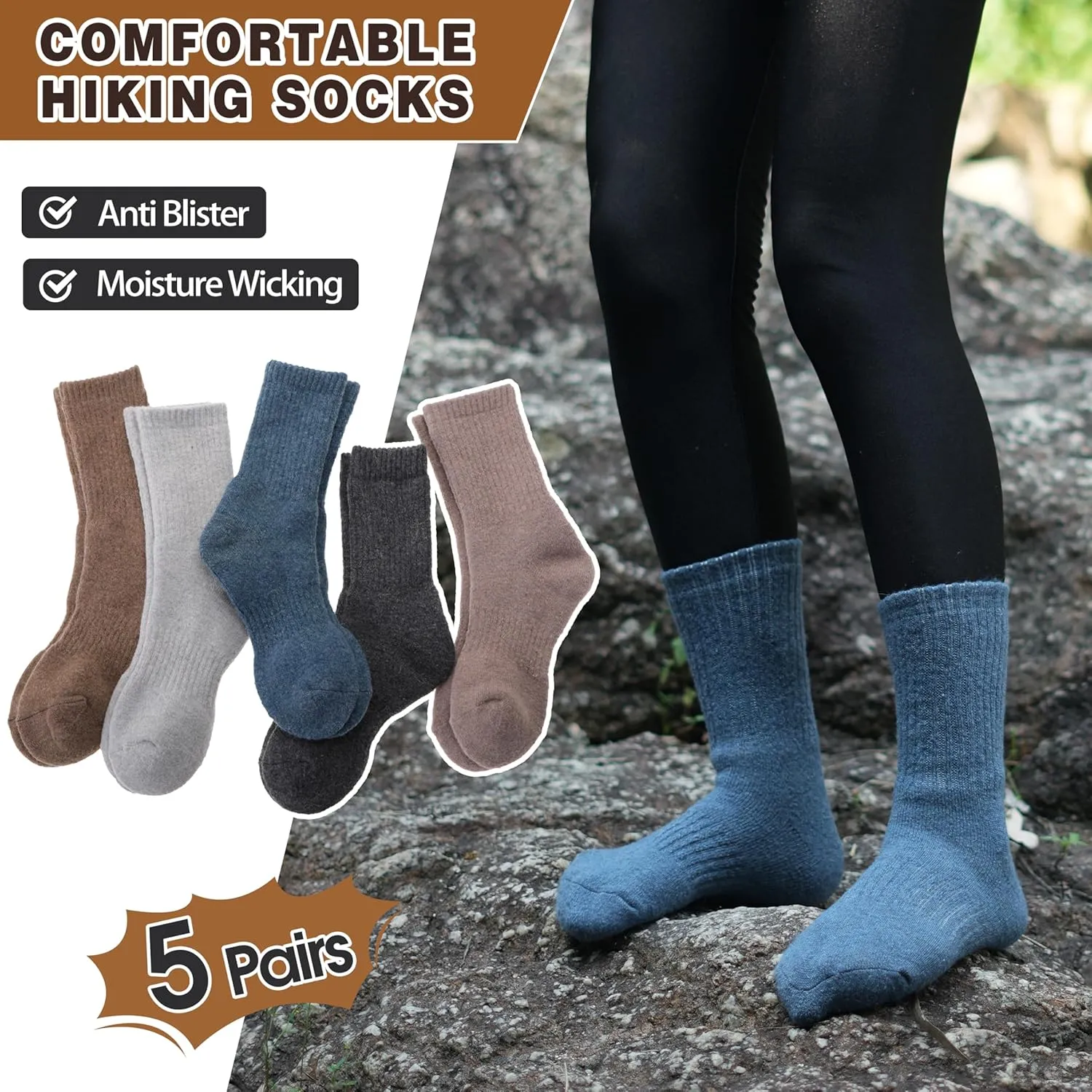 MOGGEI 5 Pairs Womens Merino Wool Socks Hiking Warm Winter Thick Thermal Crew Cozy Cabin Ladies Gift Comfy Boot Work Socks