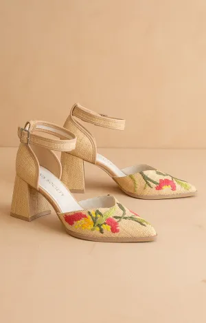 Monet Embroidered Raffia Block Heel