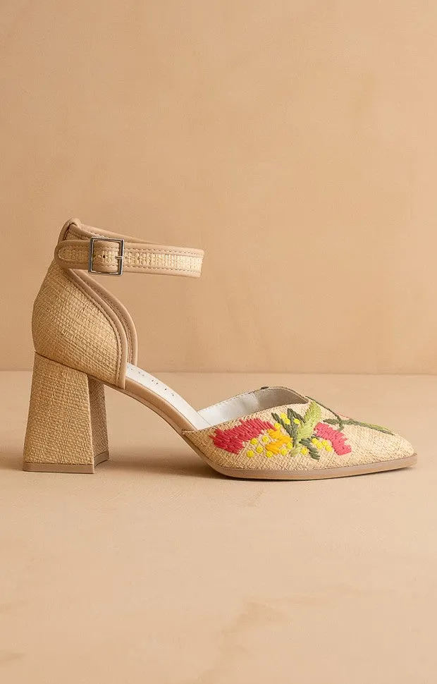 Monet Embroidered Raffia Block Heel