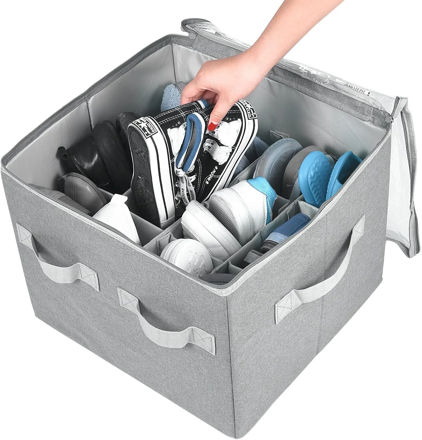 Moteph Shoe Organizer Closet Storage Solution with Clear Cover & Adjustable Dividers for Shoes, Handbags, Blankets, Linen, Clothing (Grey, Small - 12 Pairs)