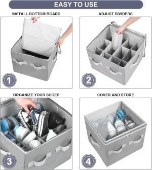 Moteph Shoe Organizer Closet Storage Solution with Clear Cover & Adjustable Dividers for Shoes, Handbags, Blankets, Linen, Clothing (Grey, Small - 12 Pairs)