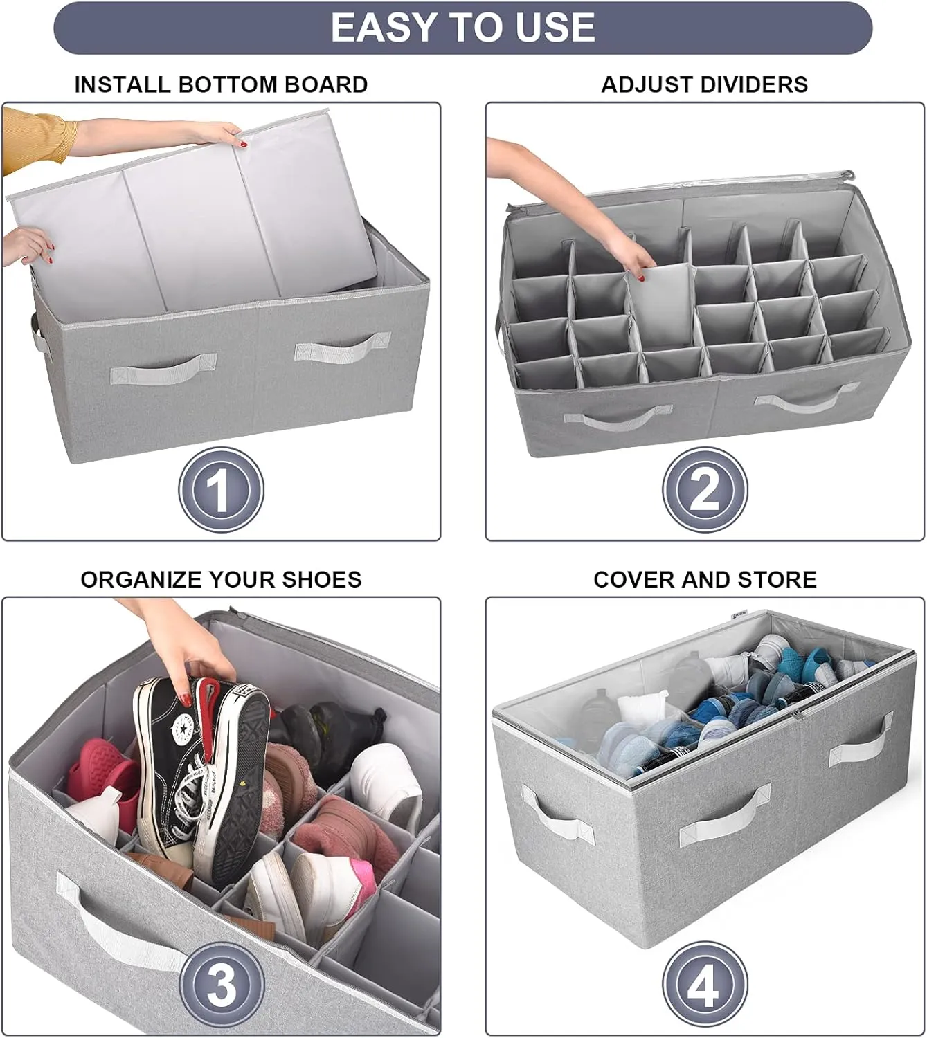 Moteph Shoe Organizer Closet Storage Solution with Clear Cover & Adjustable Dividers for Shoes, Handbags, Blankets, Linen, Clothing (Large - 24 Pairs, Grey)