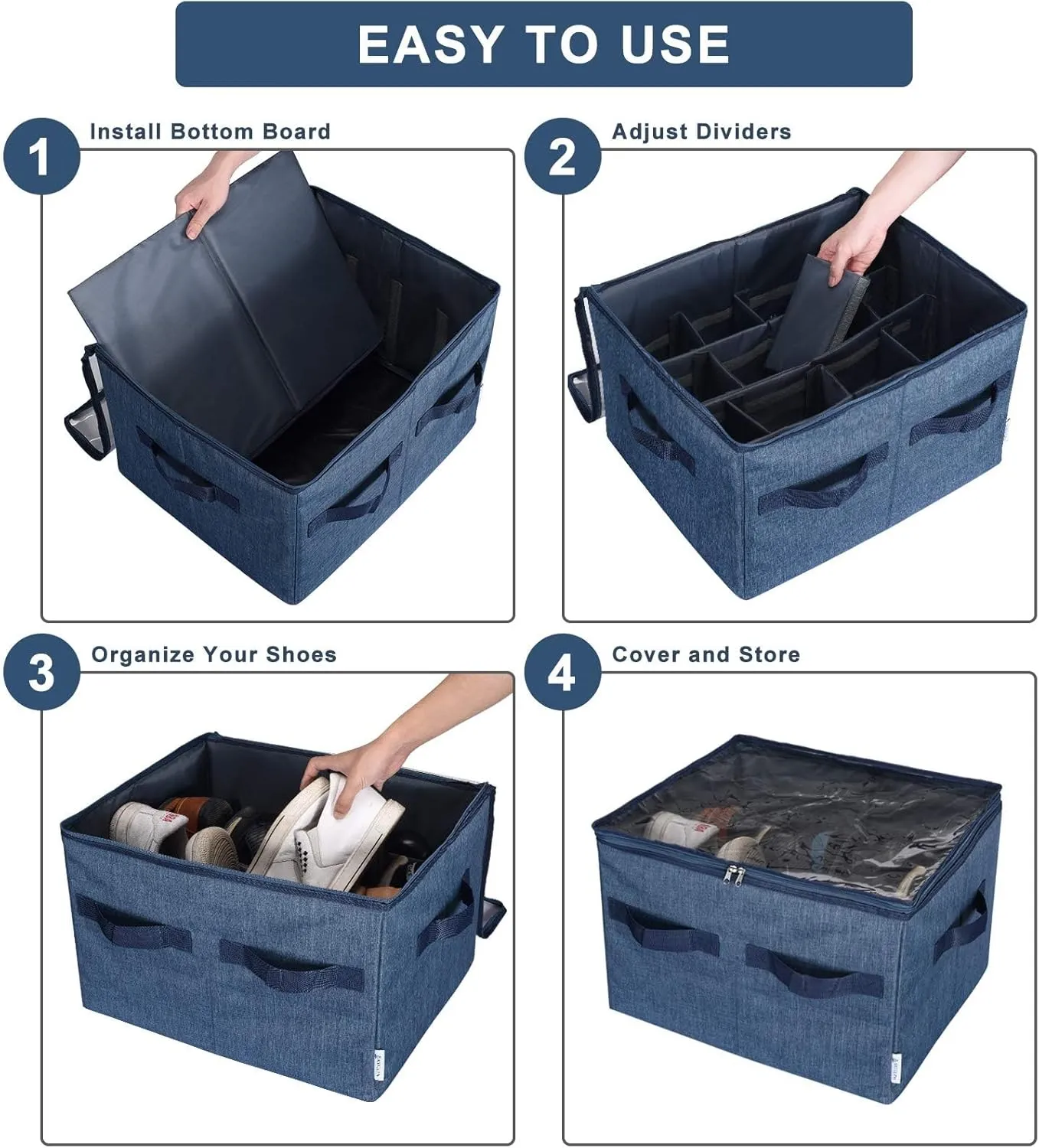 Moteph Shoe Organizer Closet Storage Solution with Clear Cover & Adjustable Dividers for Shoes, Handbags, Blankets, Linen, Clothing (Medium - 16 Pairs, Navy Blue)