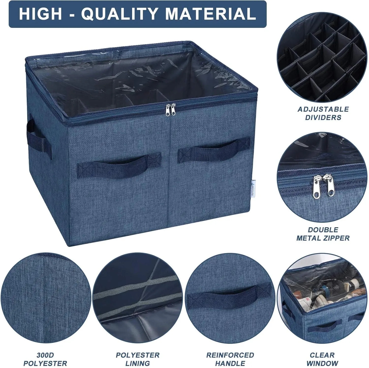 Moteph Shoe Organizer Closet Storage Solution with Clear Cover & Adjustable Dividers for Shoes, Handbags, Blankets, Linen, Clothing (Medium - 16 Pairs, Navy Blue)