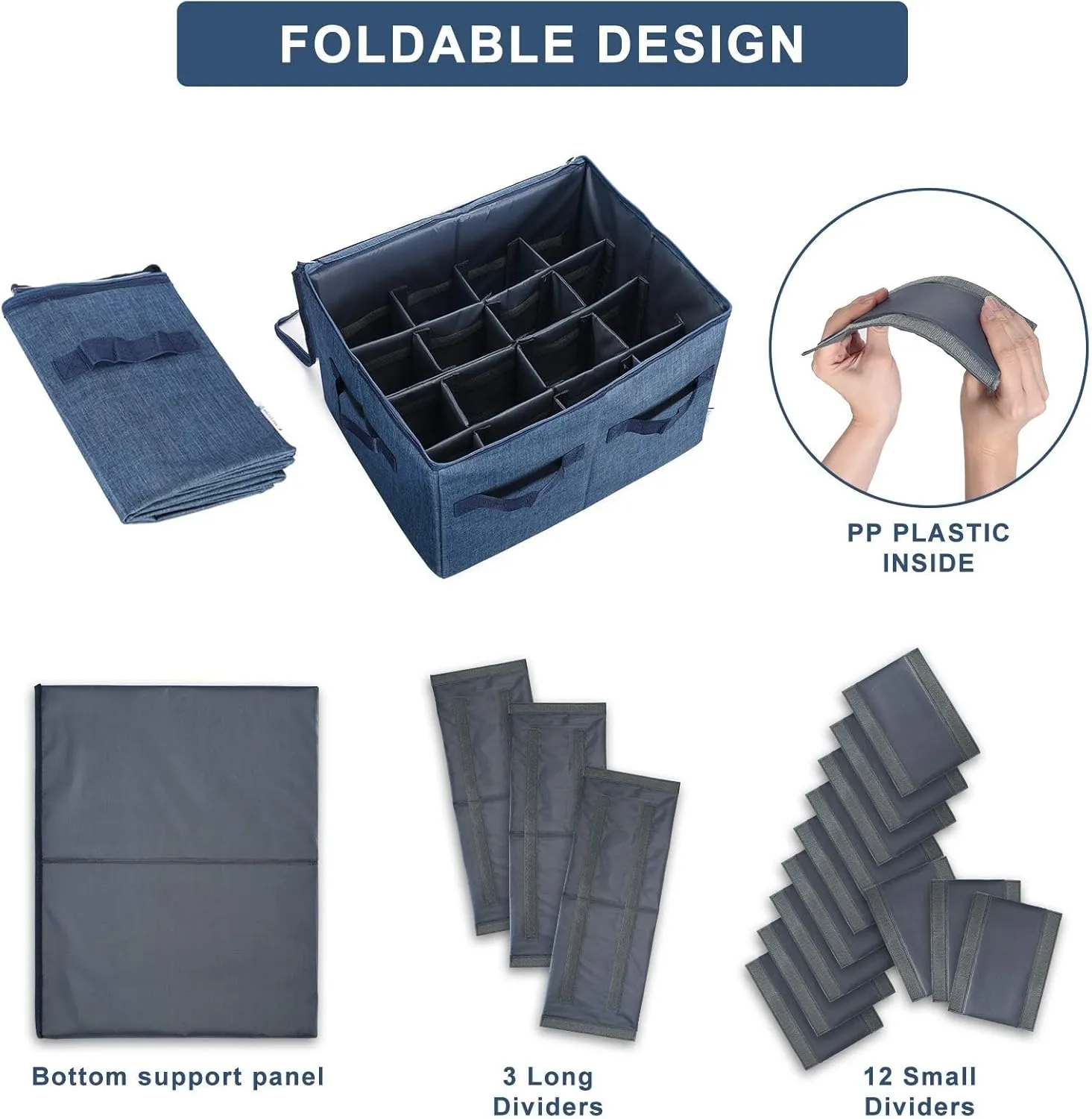 Moteph Shoe Organizer Closet Storage Solution with Clear Cover & Adjustable Dividers for Shoes, Handbags, Blankets, Linen, Clothing (Medium - 16 Pairs, Navy Blue)