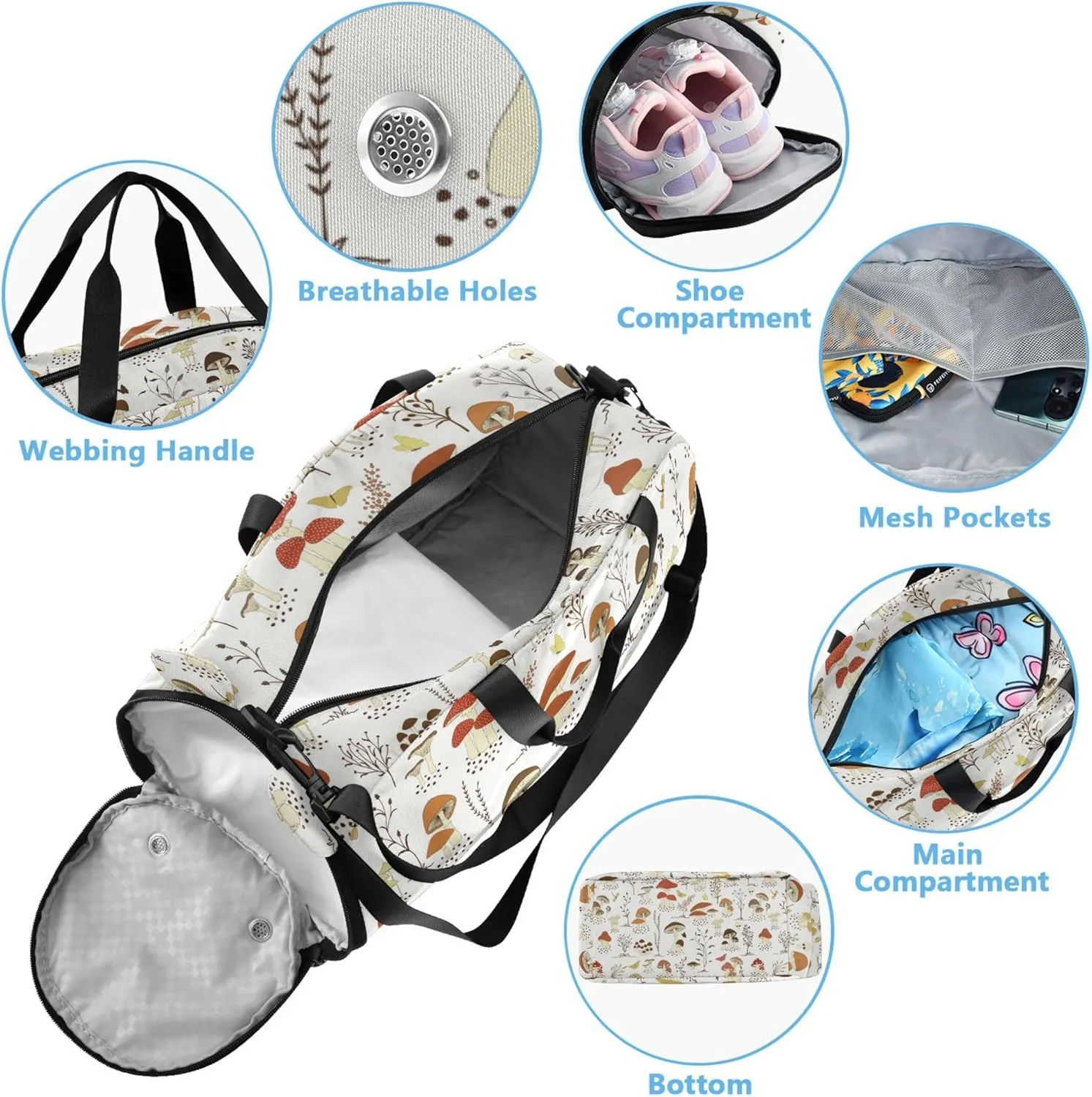 Mushrooms and Butterflies Kids Duffel Bag with Shoes Compartment Multifunctional Kids Overnight Bag for Travel, Sports, Fitness & Workout