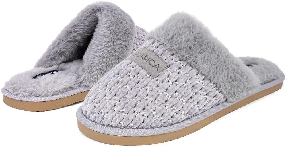 Nautica Women's Cozy Clog Slippers with Plush Faux Fur Collar and Durable Rubber Sole for Indoor & Outdoor Comfort
