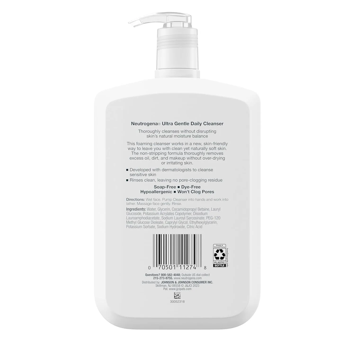 Neutrogena Fragrance Free Ultra Gentle Foaming Daily Cleanser, Hydrating Face Wash for Sensitive Skin, Removes Makeup & Gently Cleanses Without Over Drying, Hypoallergenic, 16 fl. oz