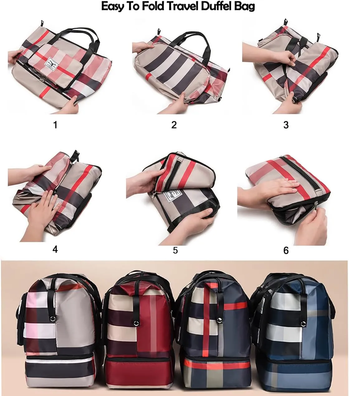 New Foldable Dry/Wet Separation Travel Duffel Bag with Shoe Compartment Large Capacity Folding Weekender Overnight Bag Lightweight Waterproof Gym Tote Bag (B-Black)