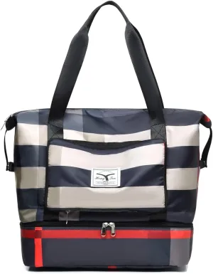 New Foldable Dry/Wet Separation Travel Duffel Bag with Shoe Compartment Large Capacity Folding Weekender Overnight Bag Lightweight Waterproof Gym Tote Bag (B-Black)