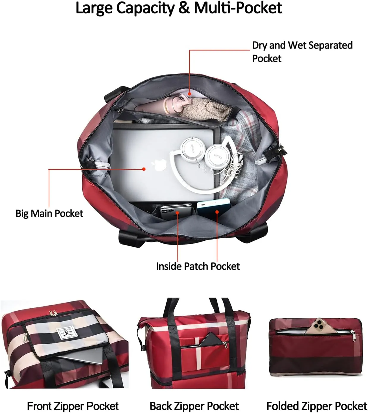 New Foldable Dry/Wet Separation Travel Duffel Bag with Shoe Compartment Large Capacity Folding Weekender Overnight Bag Lightweight Waterproof Gym Tote Bag (B-Black)