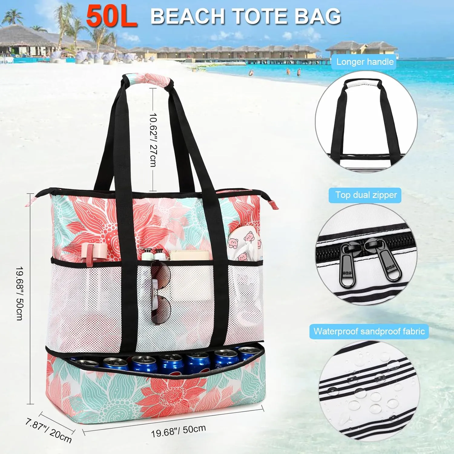 Octsky Beach Bag Tote Pool Bag with Cooler 9 Pockets Zipper Waterproof Sandproof Leakproof Xl Beach Bags for Women