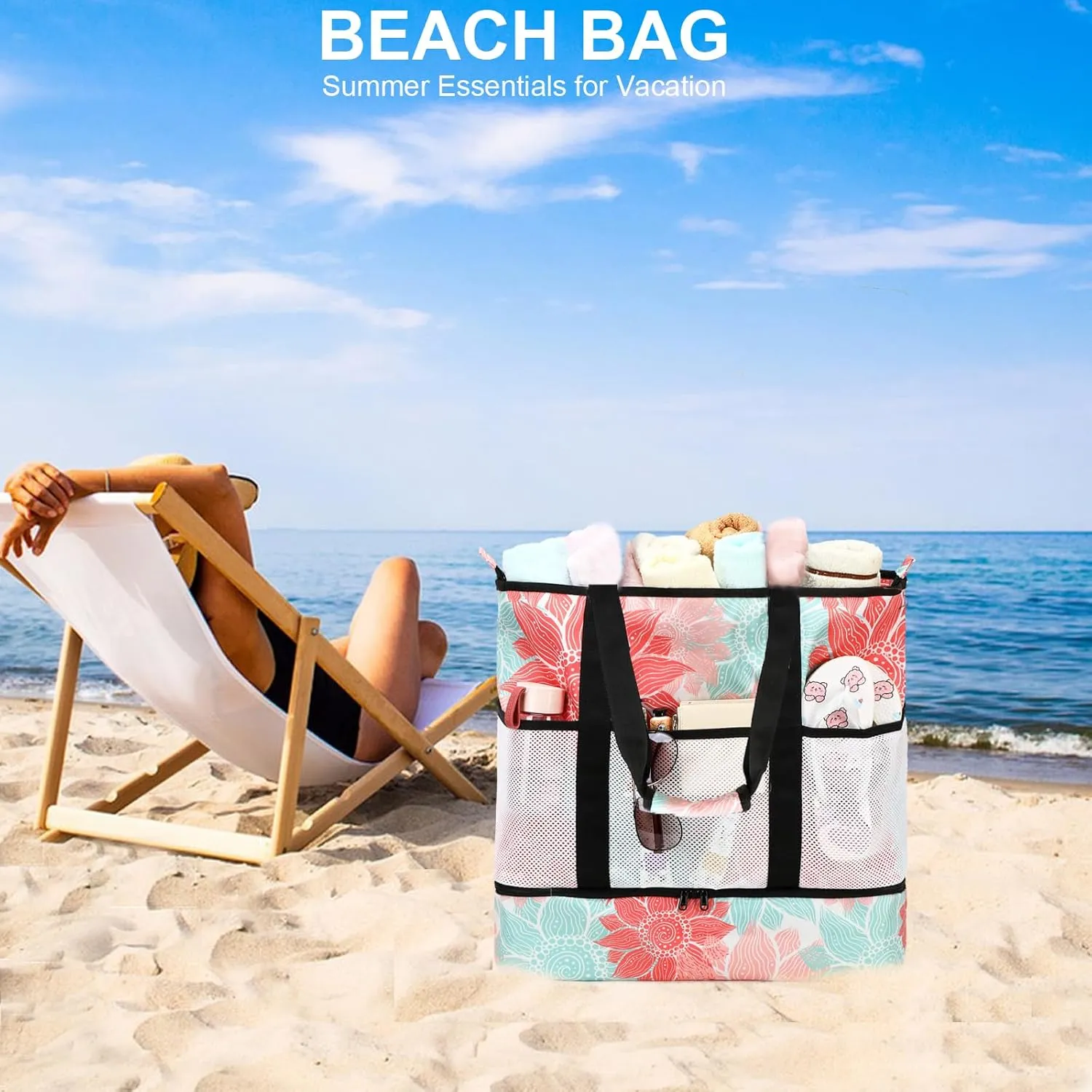 Octsky Beach Bag Tote Pool Bag with Cooler 9 Pockets Zipper Waterproof Sandproof Leakproof Xl Beach Bags for Women