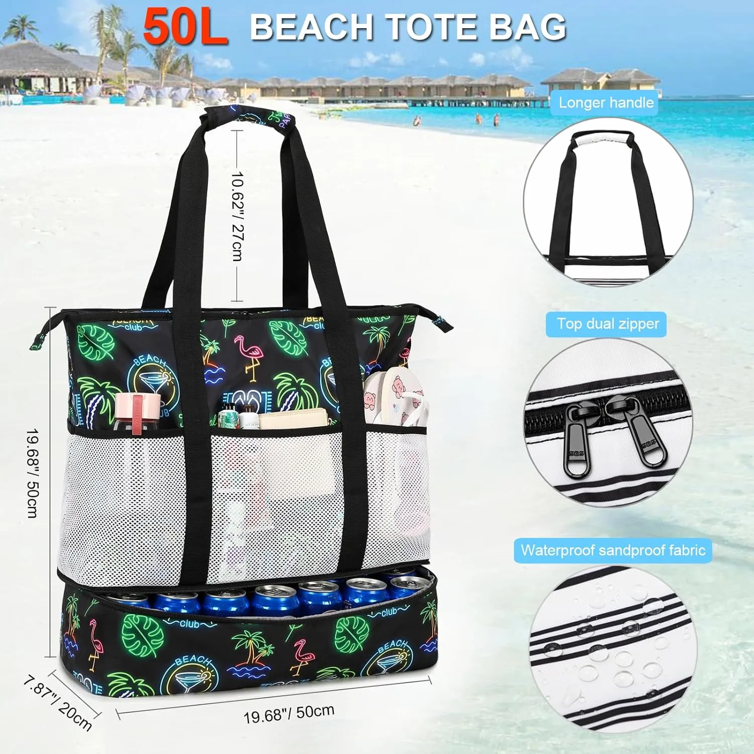 Octsky Beach Bag Tote Pool Bag with Cooler 9 Pockets Zipper Waterproof Sandproof Leakproof Xl Beach Bags for Women
