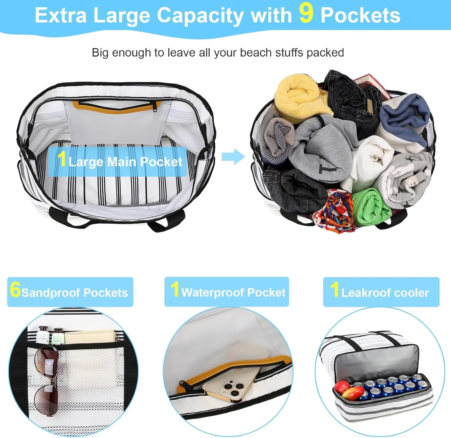 Octsky Beach Bag Tote Pool Bag with Cooler 9 Pockets Zipper Waterproof Sandproof Leakproof Xl Beach Bags for Women