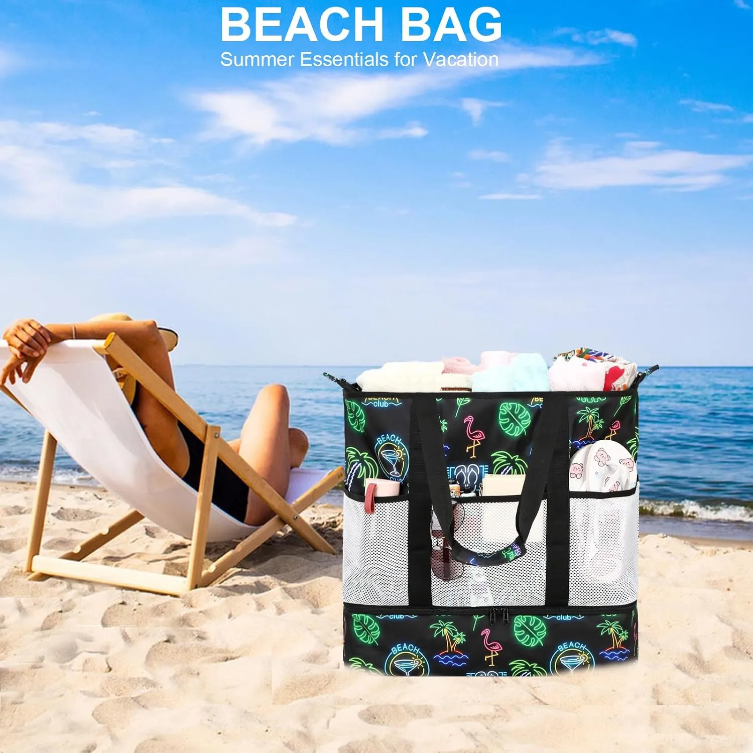 Octsky Beach Bag Tote Pool Bag with Cooler 9 Pockets Zipper Waterproof Sandproof Leakproof Xl Beach Bags for Women