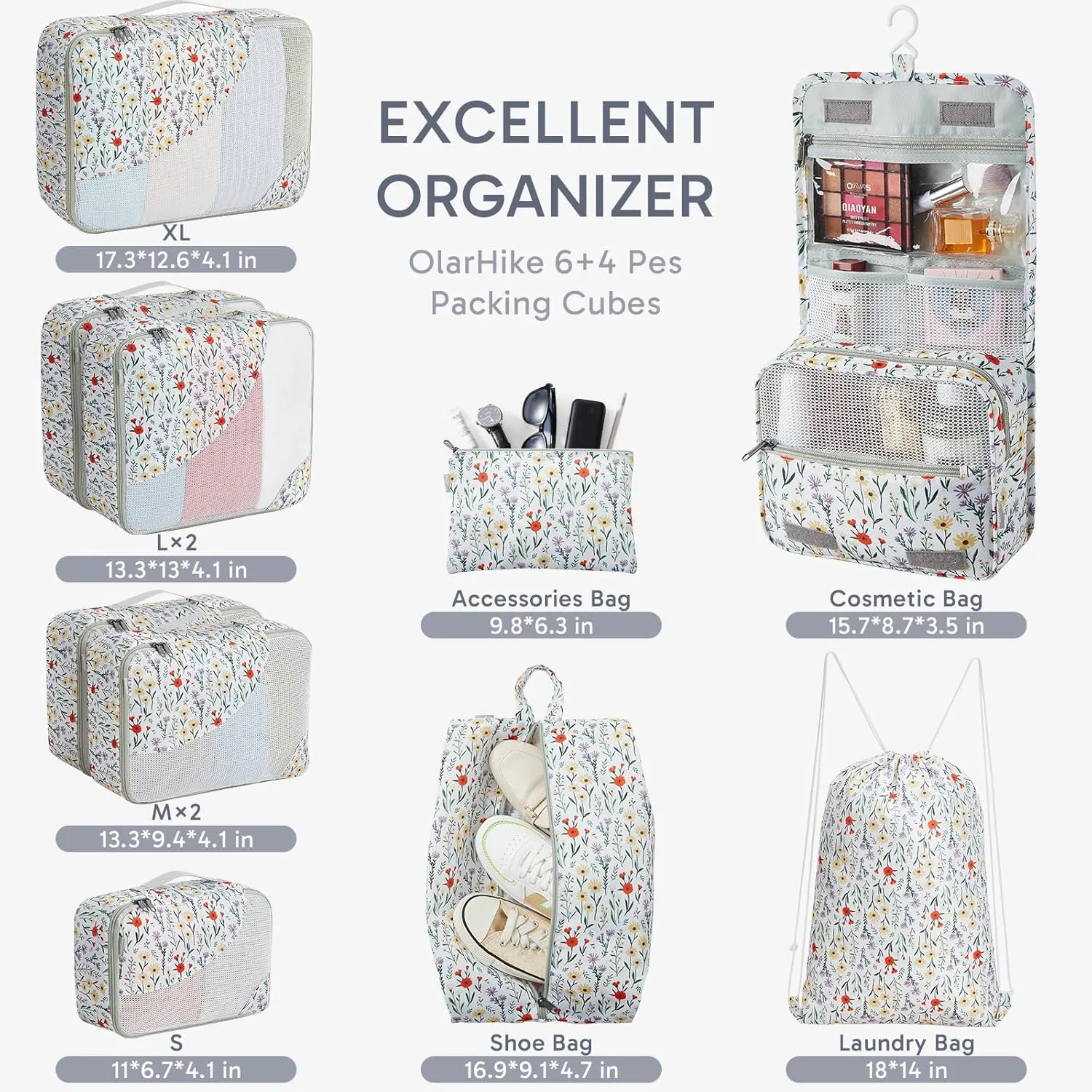 OlarHike Travel Accessories ALL INCLUDED 10 Set Sturdy Packing Cubes for Suitcases, UPGRADED Anti-Tear Stitching, NEW Improved Luggage Packing Organizers, Essentials for Travel (Flower)