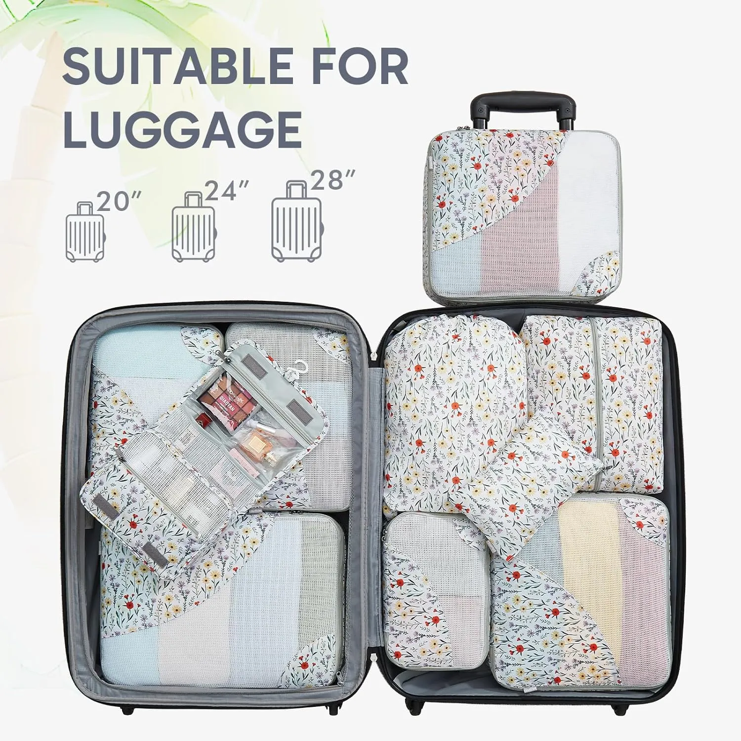 OlarHike Travel Accessories ALL INCLUDED 10 Set Sturdy Packing Cubes for Suitcases, UPGRADED Anti-Tear Stitching, NEW Improved Luggage Packing Organizers, Essentials for Travel (Flower)
