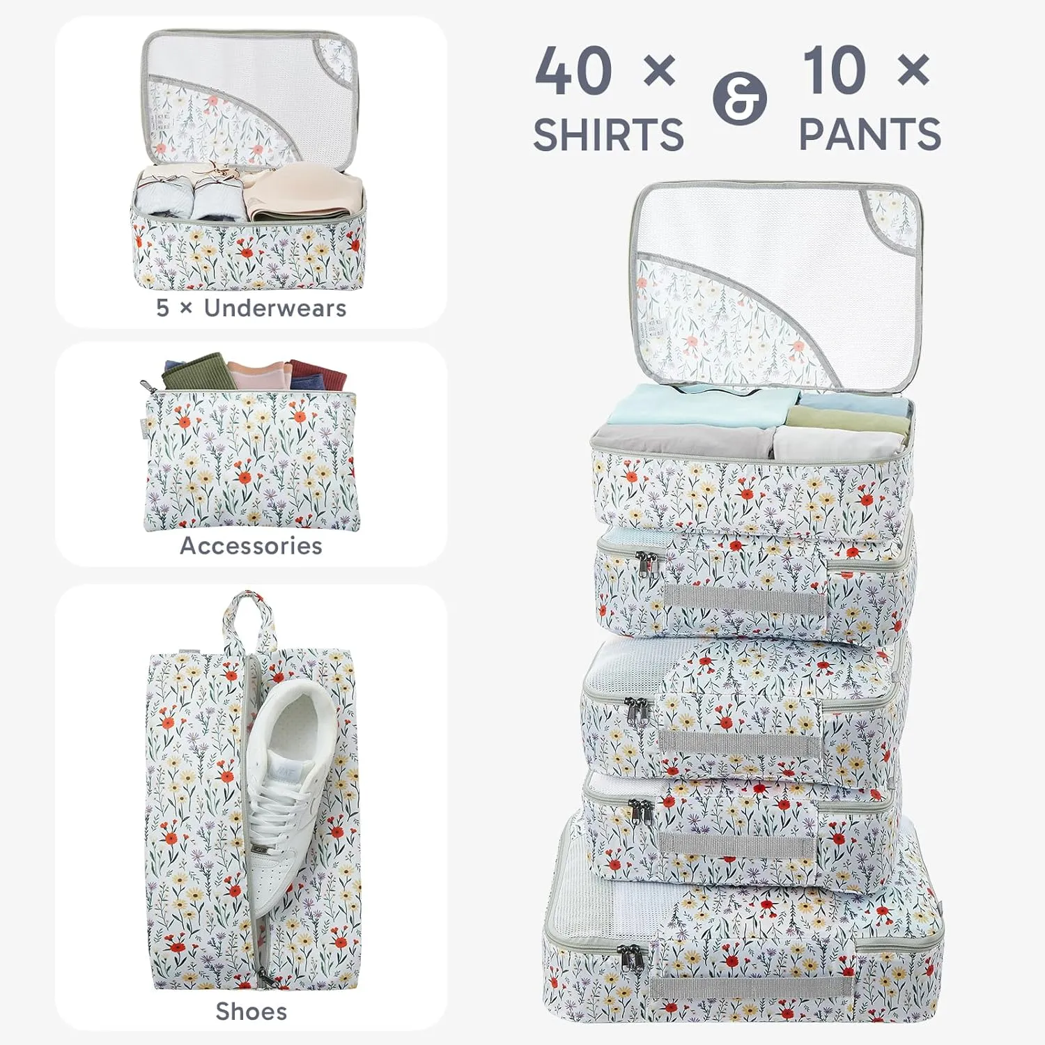 OlarHike Travel Accessories ALL INCLUDED 10 Set Sturdy Packing Cubes for Suitcases, UPGRADED Anti-Tear Stitching, NEW Improved Luggage Packing Organizers, Essentials for Travel (Flower)