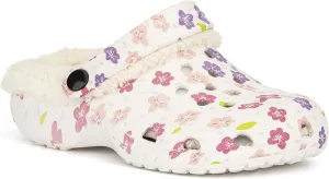 Olivia Miller Kid's Girl Fashion Shoes, White Floral Multicolor EVA Quilted Faux Fur Slip-On Back Strap Clogs Slippers Slide Sandals