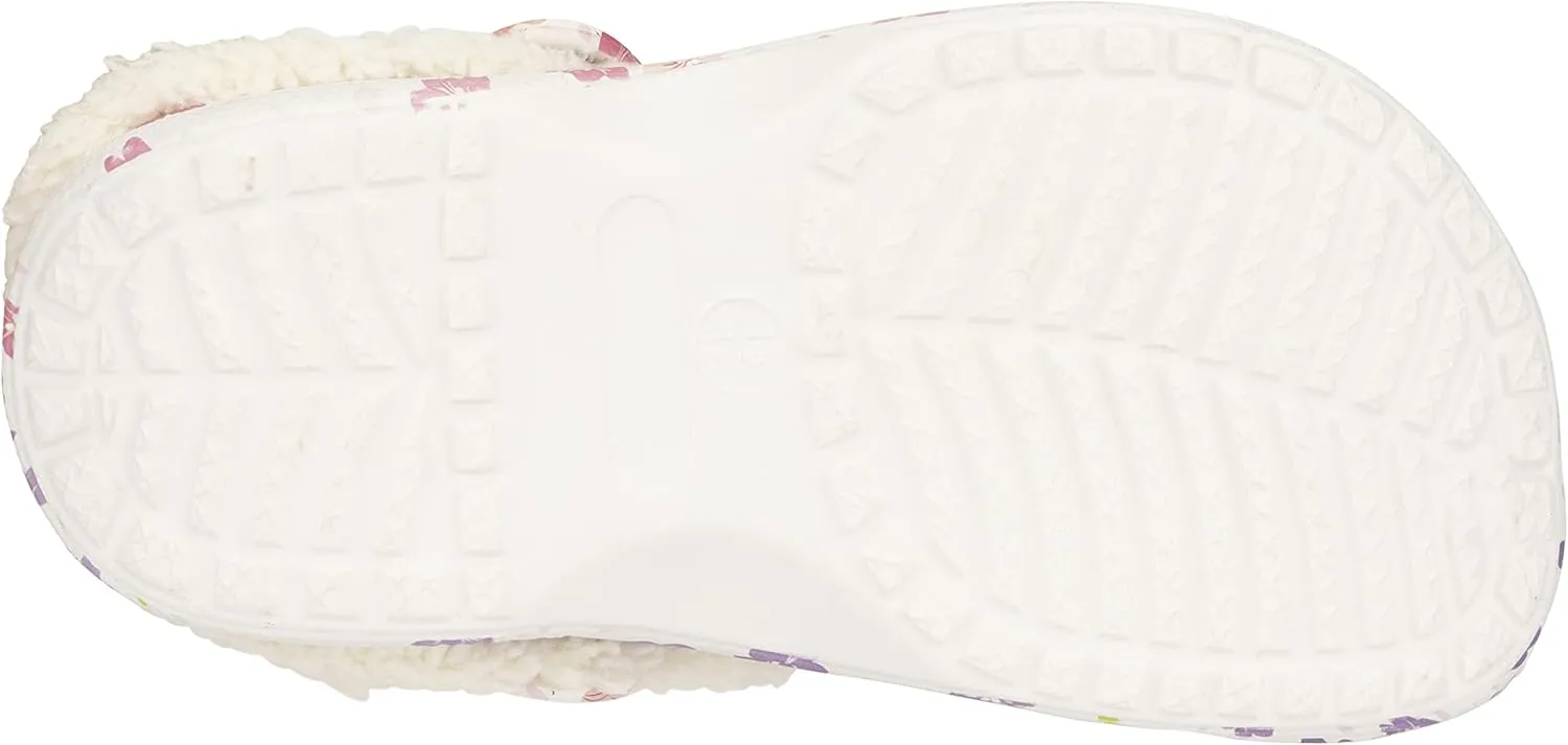 Olivia Miller Kid's Girl Fashion Shoes, White Floral Multicolor EVA Quilted Faux Fur Slip-On Back Strap Clogs Slippers Slide Sandals