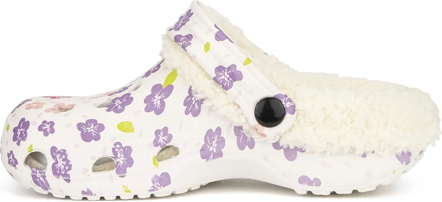 Olivia Miller Kid's Girl Fashion Shoes, White Floral Multicolor EVA Quilted Faux Fur Slip-On Back Strap Clogs Slippers Slide Sandals
