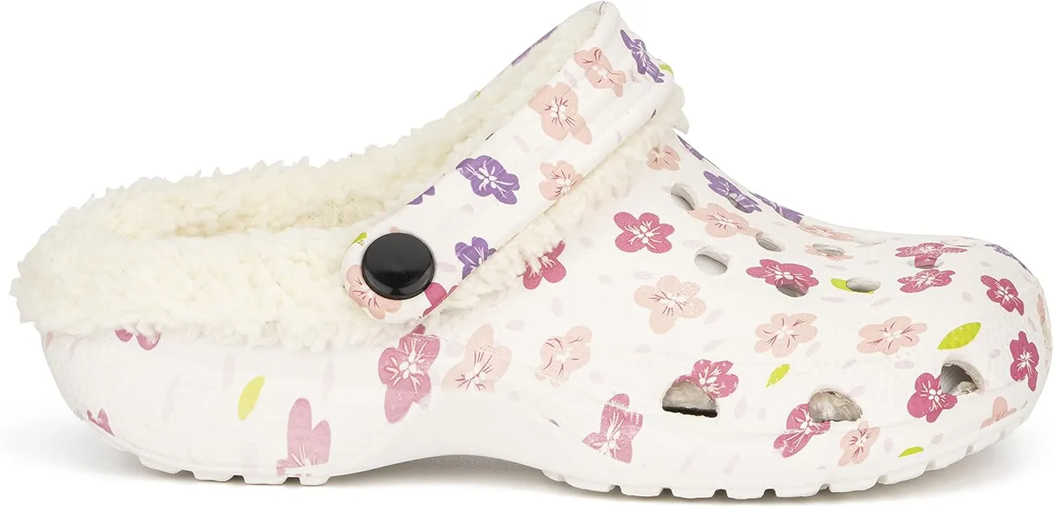 Olivia Miller Kid's Girl Fashion Shoes, White Floral Multicolor EVA Quilted Faux Fur Slip-On Back Strap Clogs Slippers Slide Sandals