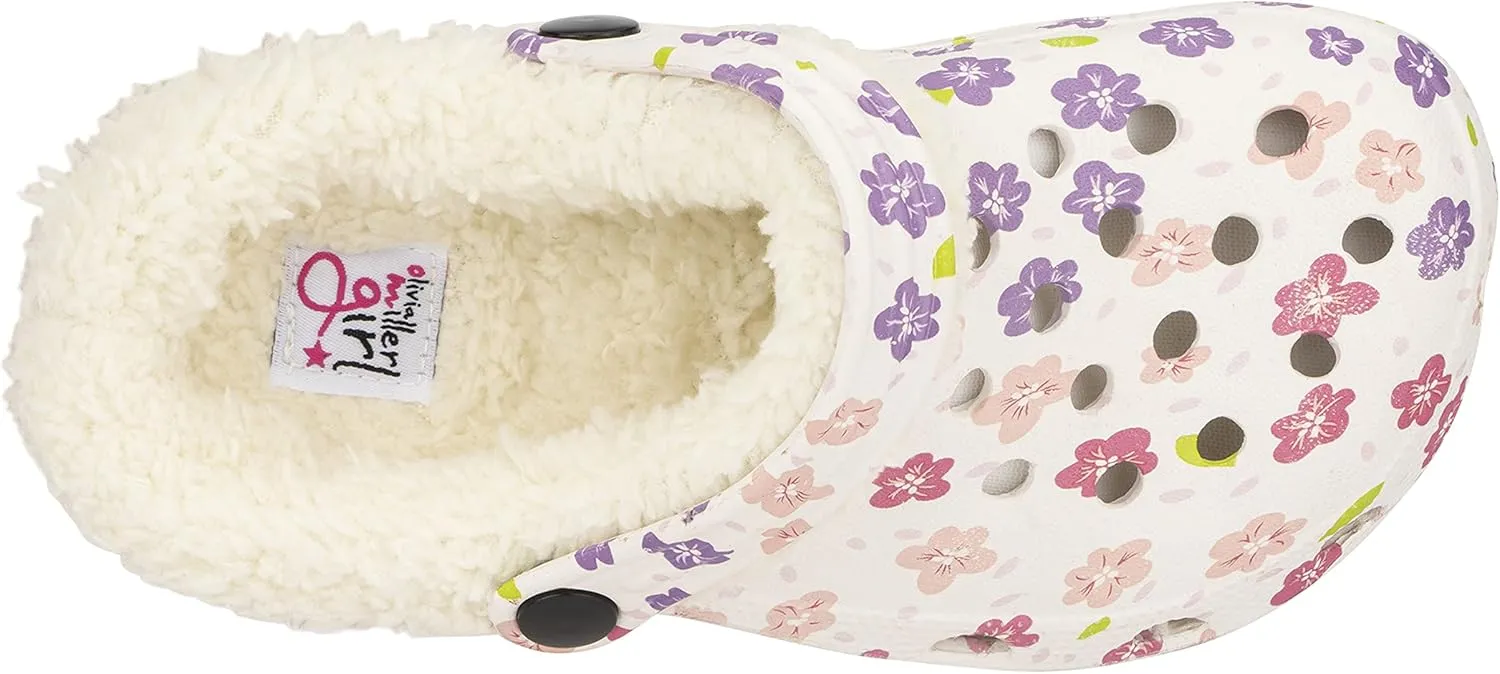Olivia Miller Kid's Girl Fashion Shoes, White Floral Multicolor EVA Quilted Faux Fur Slip-On Back Strap Clogs Slippers Slide Sandals