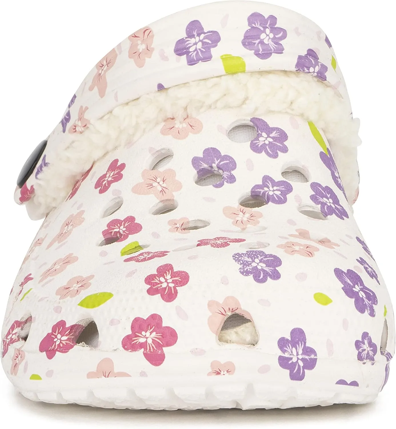 Olivia Miller Kid's Girl Fashion Shoes, White Floral Multicolor EVA Quilted Faux Fur Slip-On Back Strap Clogs Slippers Slide Sandals