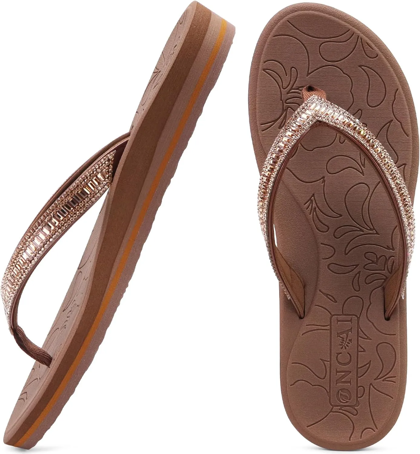 ONCAI Women's Flip Flops with Rhinestone, Arch Support Yoga Mat Comfort Walking Summer Beach Thong Sandals with Plantar Fasciitis Rubber Soles US Size 5-11