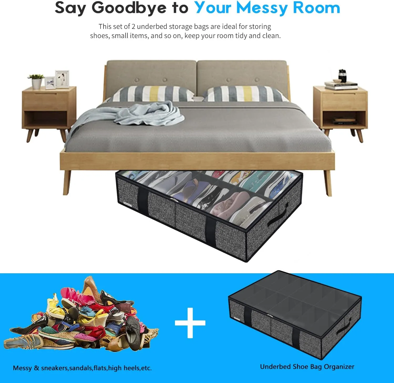 Onlyeasy 2 Pack Under Bed Shoe Storage Organizers with Handles & Clear window (Fit 14  14 Pairs), Sturdy Underbed Box Organizer Shoe Storage Bags for Kids & Adults, Linen-like Black, MXAUBS14S14