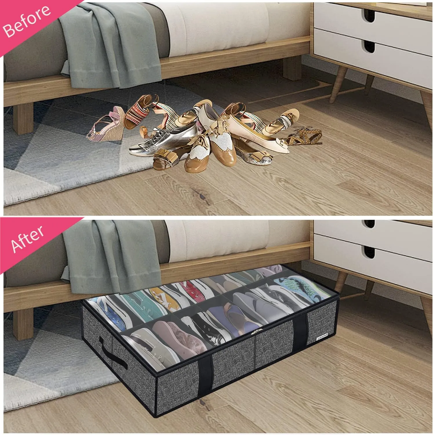 Onlyeasy 2 Pack Under Bed Shoe Storage Organizers with Handles & Clear window (Fit 14  14 Pairs), Sturdy Underbed Box Organizer Shoe Storage Bags for Kids & Adults, Linen-like Black, MXAUBS14S14