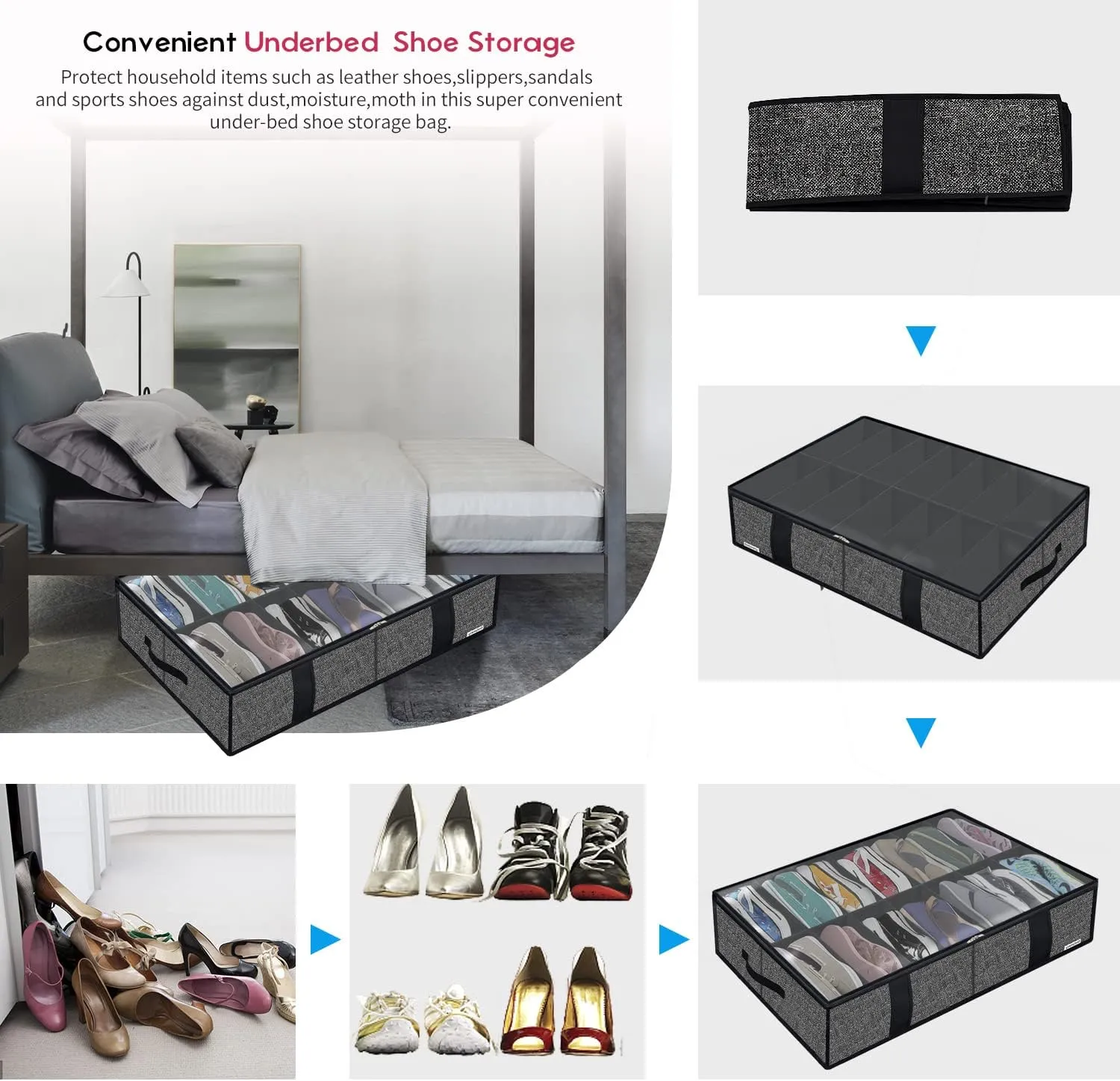 Onlyeasy 2 Pack Under Bed Shoe Storage Organizers with Handles & Clear window (Fit 14  14 Pairs), Sturdy Underbed Box Organizer Shoe Storage Bags for Kids & Adults, Linen-like Black, MXAUBS14S14