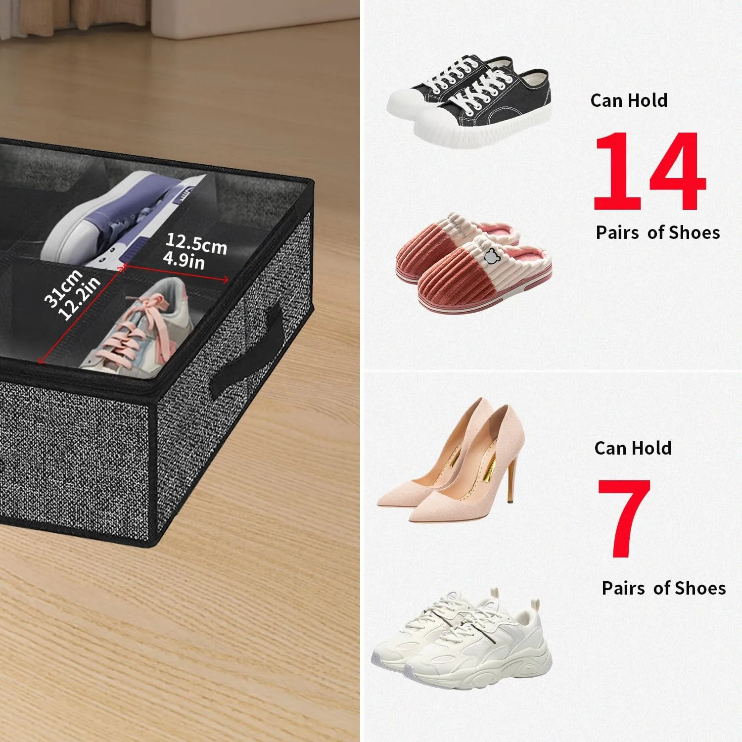 Onlyeasy 2 Pack Under Bed Shoe Storage Organizers with Handles & Clear window (Fit 14  14 Pairs), Sturdy Underbed Box Organizer Shoe Storage Bags for Kids & Adults, Linen-like Black, MXAUBS14S14