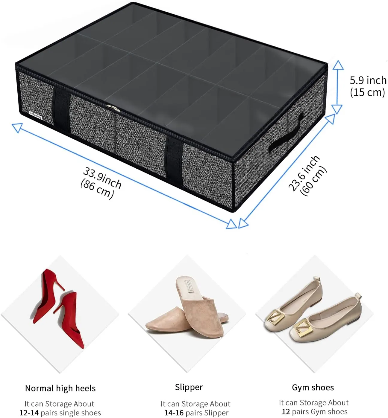 Onlyeasy 2 Pack Under Bed Shoe Storage Organizers with Handles & Clear window (Fit 14  14 Pairs), Sturdy Underbed Box Organizer Shoe Storage Bags for Kids & Adults, Linen-like Black, MXAUBS14S14