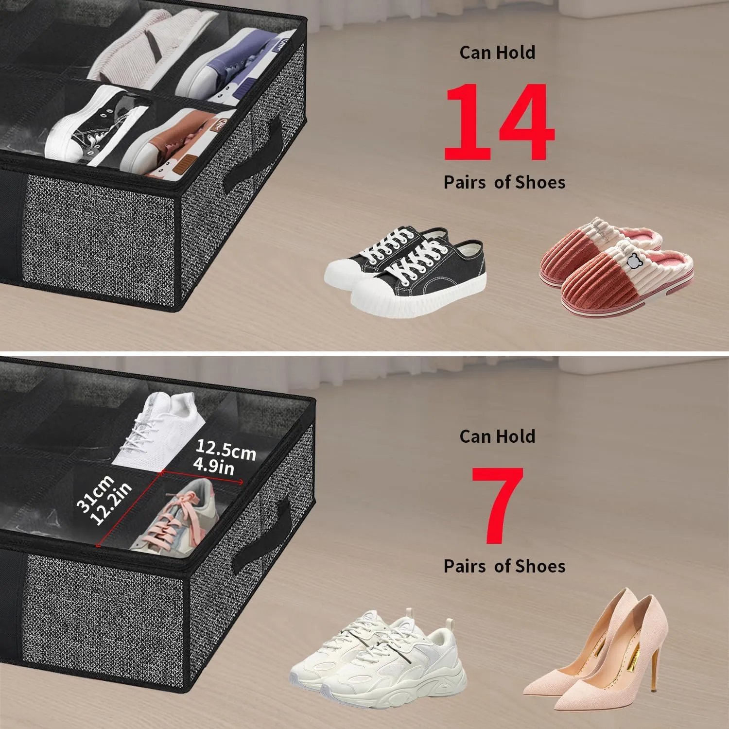 Onlyeasy 2 Pack Under Bed Shoe Storage Organizers with Handles & Clear window (Fit 14  14 Pairs), Sturdy Underbed Box Organizer Shoe Storage Bags for Kids & Adults, Linen-like Black, MXAUBS14S14